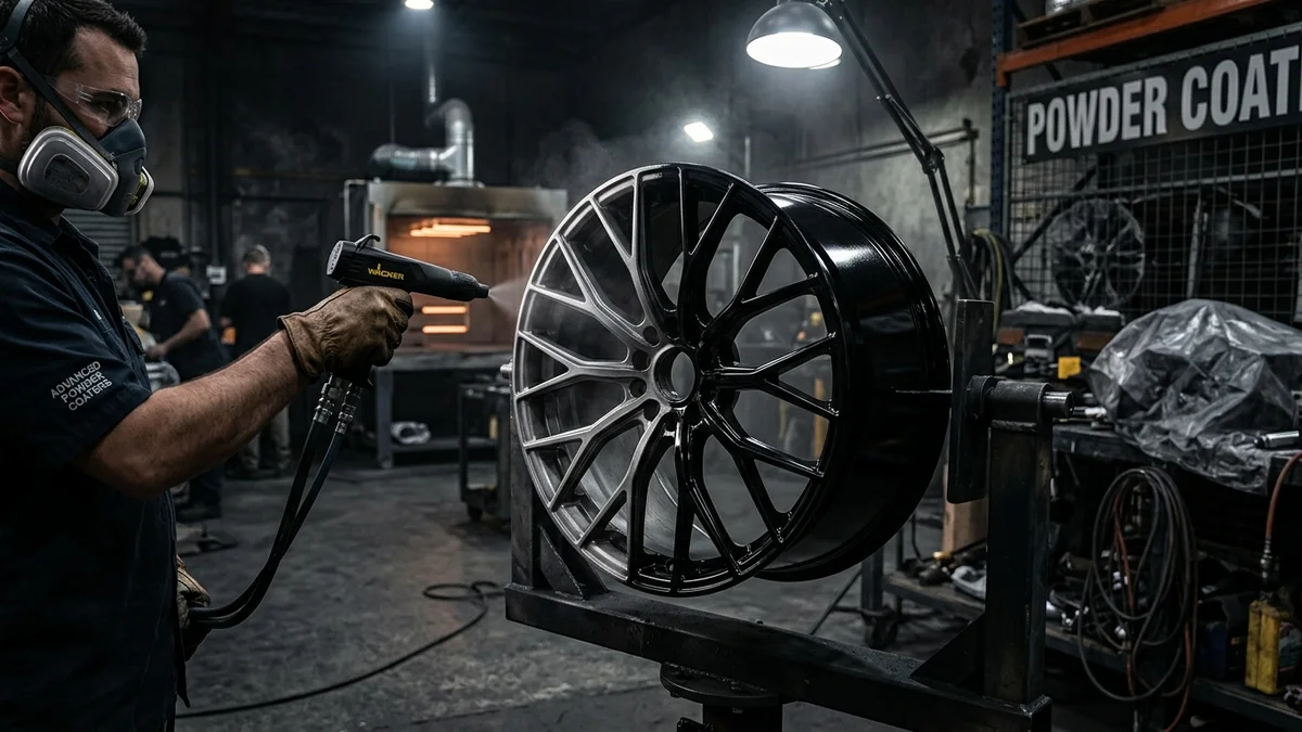 A gloss black alloy wheel being professionally powder coated in a specialist workshop
