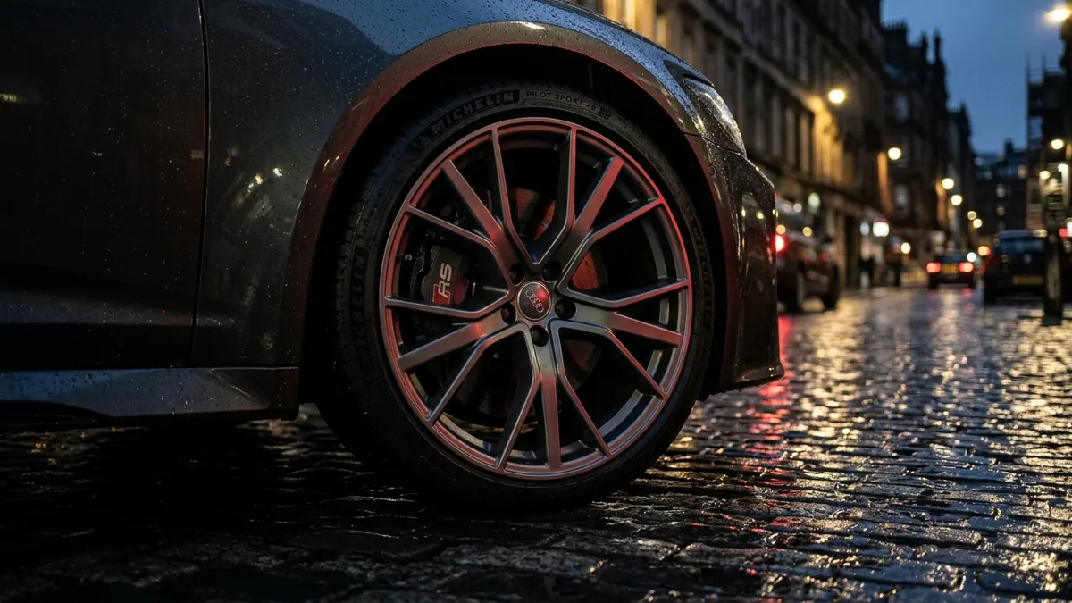 Gunmetal alloy wheel with red brake caliper on a modern car parked on wet Glasgow cobblestones at dusk with moody street lighting