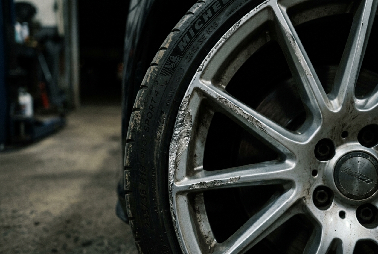 Close up of alloy wheel rim showing cosmetic scuff damage being assessed
