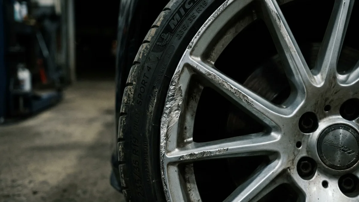 Close up of alloy wheel rim showing cosmetic scuff damage being assessed