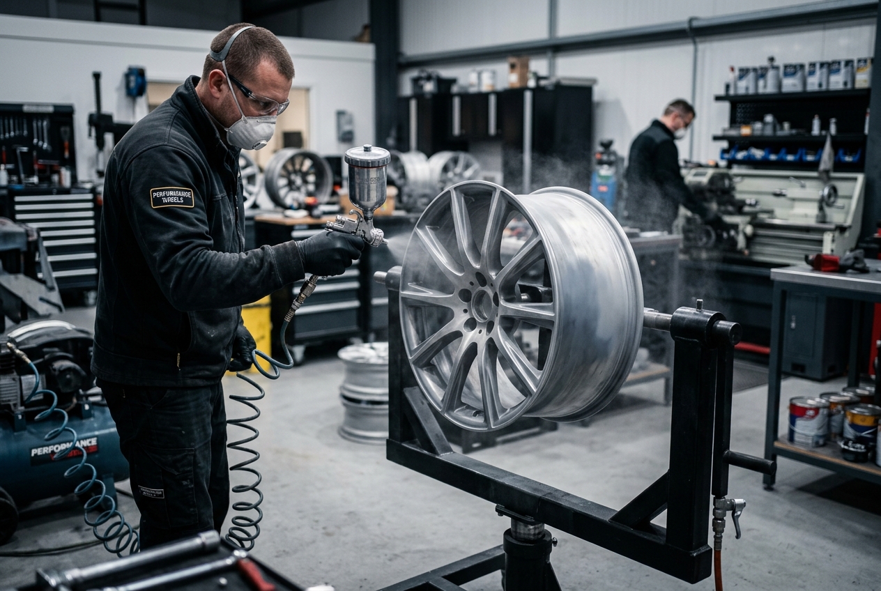 Alloy wheel refurbishment cost breakdown — wheel in workshop with tools