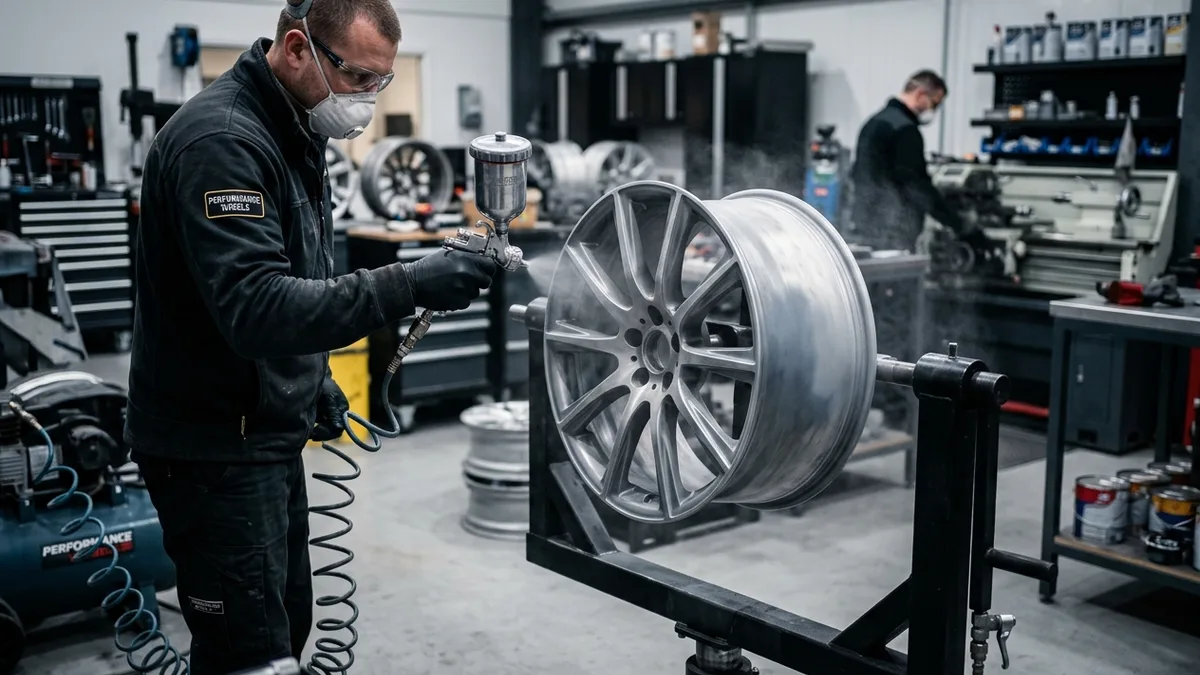 Alloy wheel refurbishment cost breakdown – wheel in workshop with tools