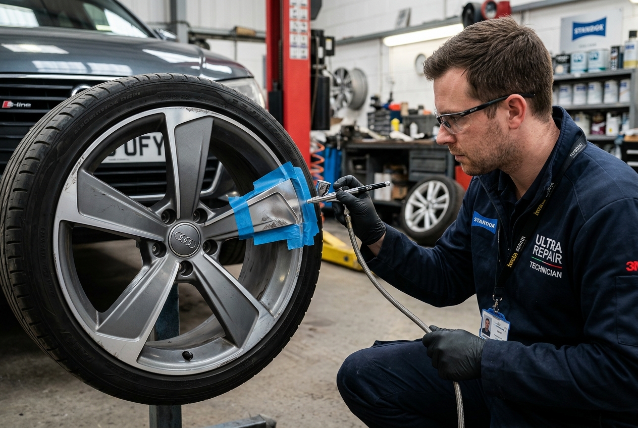Alloy wheel smart repair being carried out on a single damaged section of a wheel