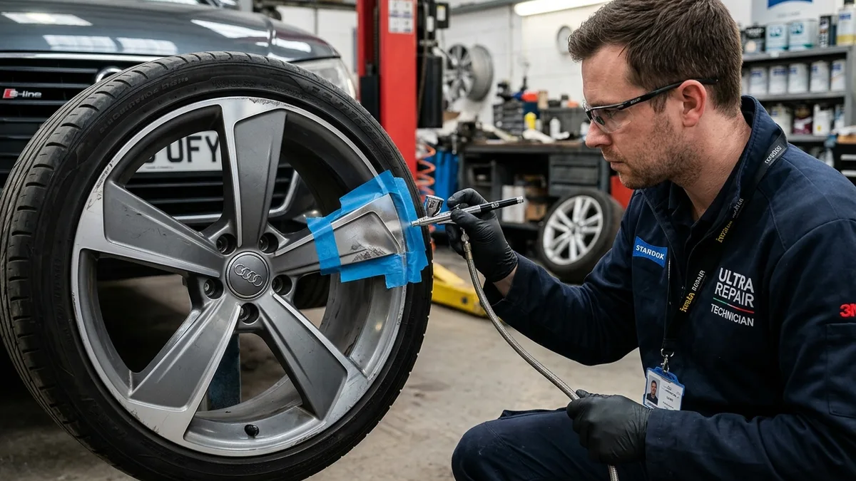 Alloy wheel smart repair being carried out on a single damaged section of a wheel