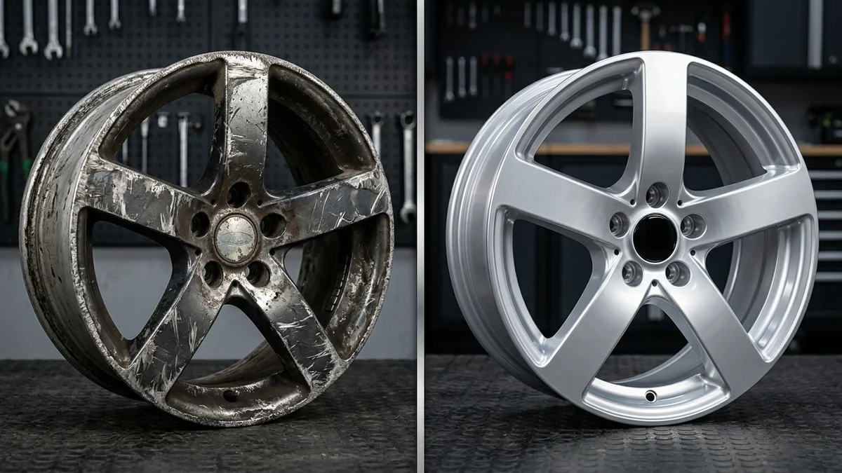Split before and after comparison of a scuffed alloy wheel fully refurbished to a gleaming silver finish