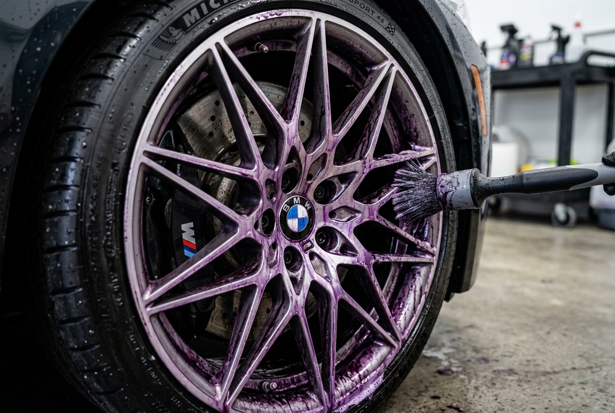Alloy wheel being cleaned with specialist wheel cleaner product