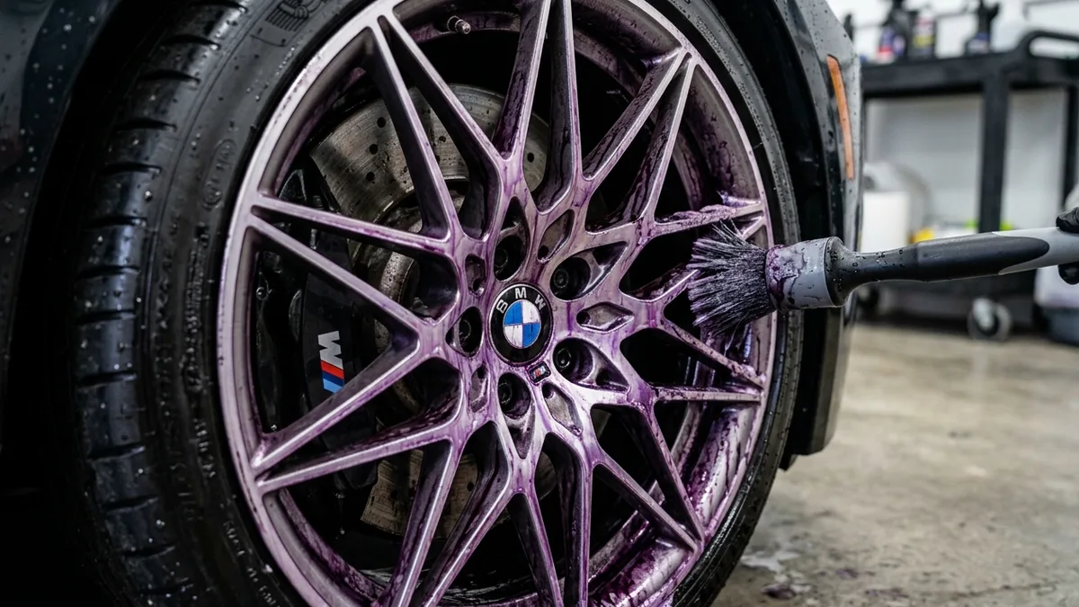 Alloy wheel being cleaned with specialist wheel cleaner product