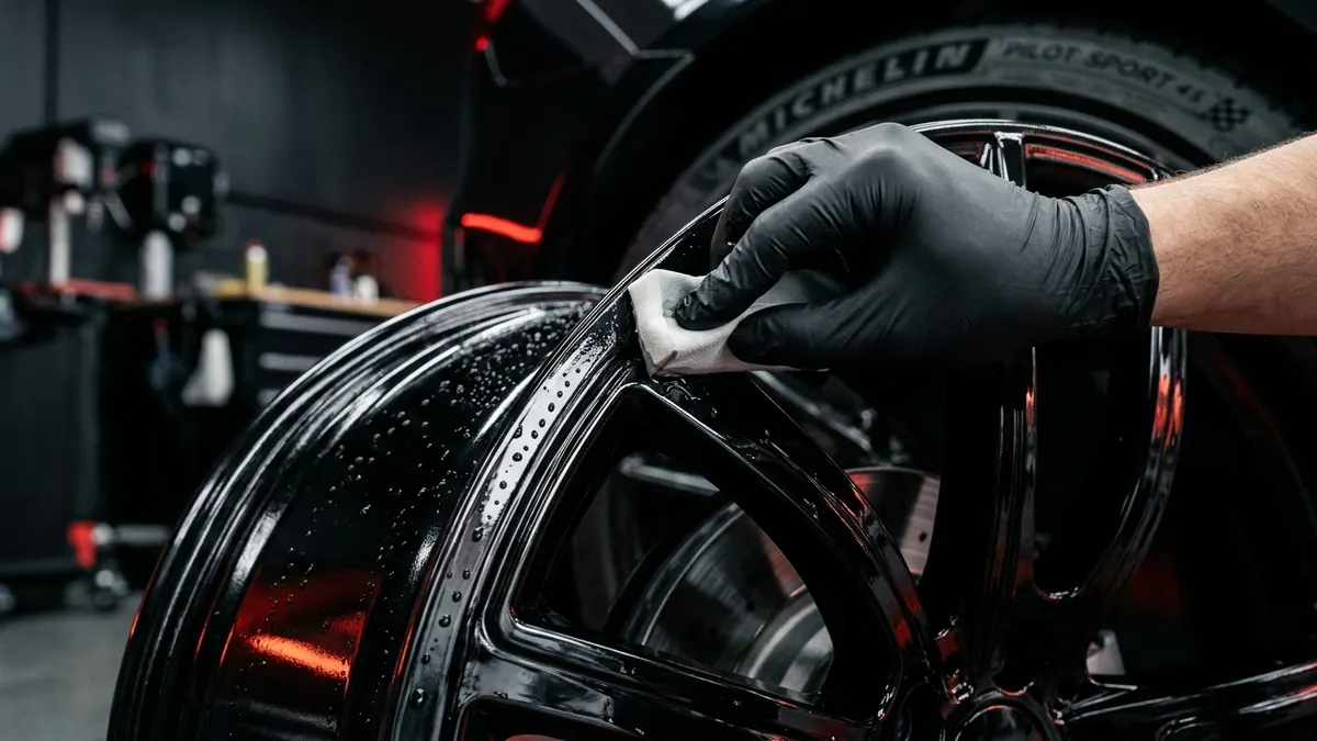 Gloved hand applying ceramic coating to a polished gloss black alloy wheel in a professional detailing workshop with red accent lighting