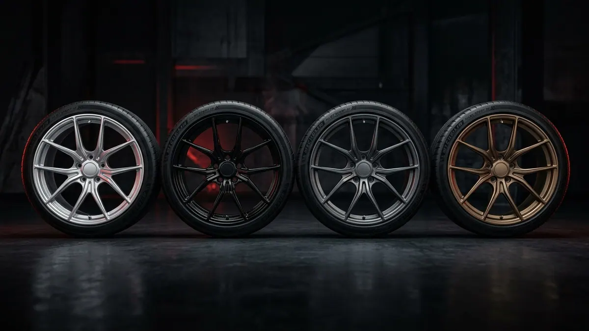 Four identical alloy wheels in silver, gloss black, anthracite gunmetal and bronze satin displayed side by side against a dark studio background with red accent lighting