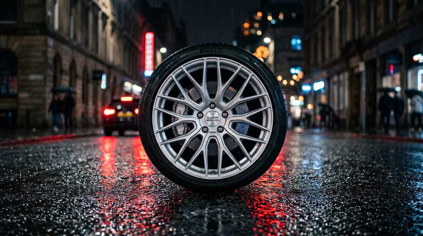 Clean silver alloy wheel on a wet Glasgow city street at night, reflecting red light on wet tarmac
