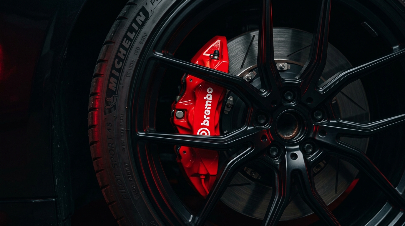 Freshly painted red brake caliper visible behind a clean black alloy wheel spoke, dark studio background with red accent lighting