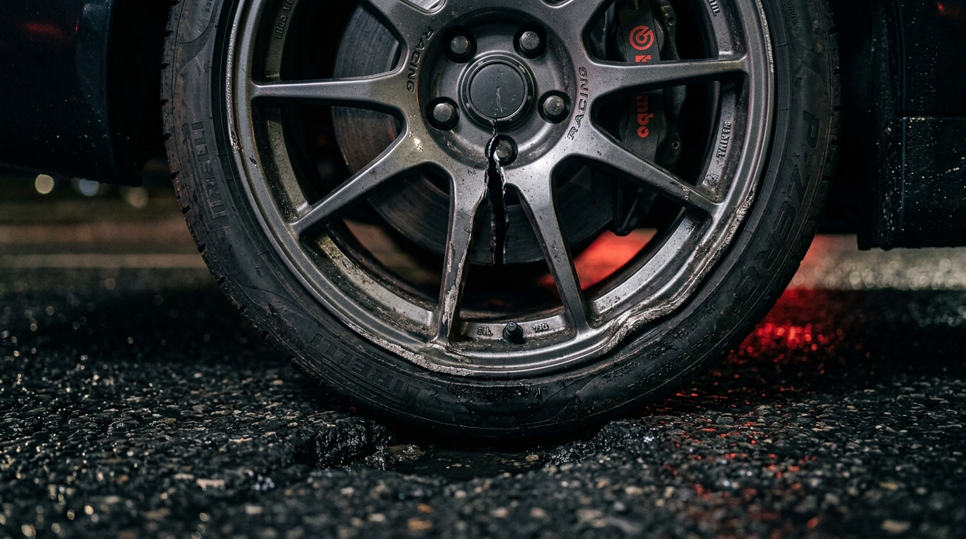 Close-up of a cracked and buckled alloy wheel after a pothole impact, showing damage to the rim edge and spoke area