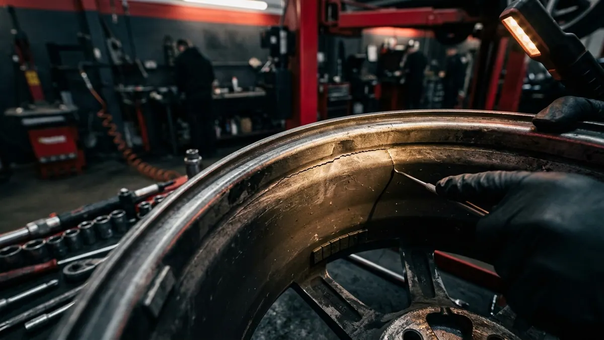 Close-up of a hairline crack on the inner barrel of a 19-inch alloy wheel being inspected under workshop lighting
