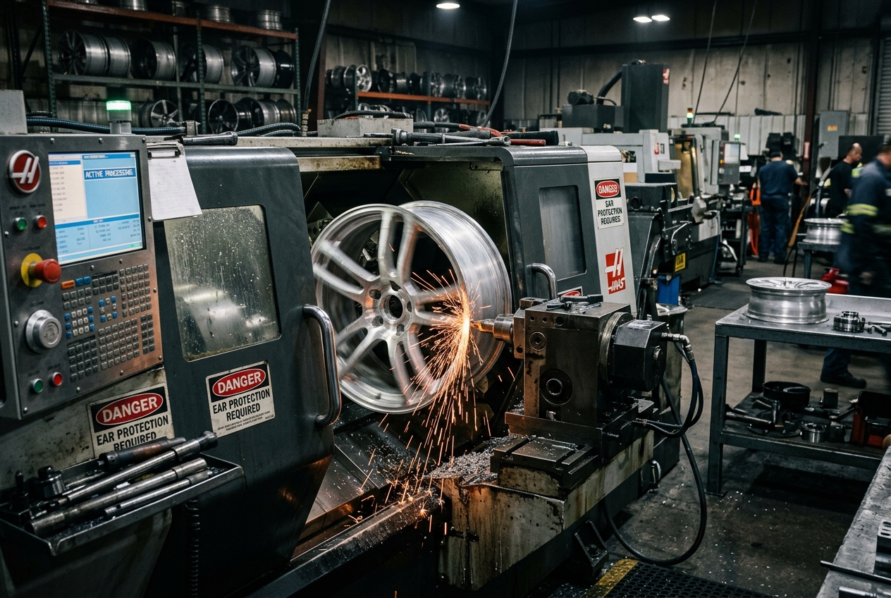 Diamond cut alloy wheel being worked on a CNC lathe in a professional workshop