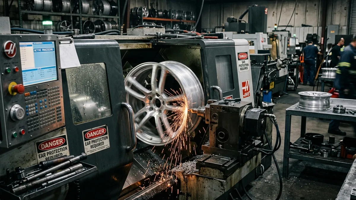 Diamond cut alloy wheel being worked on a CNC lathe in a professional workshop