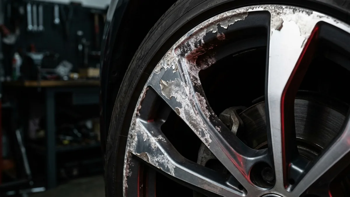 Close-up of a diamond cut alloy wheel showing lacquer peeling and white corrosion spreading across the bright machined face