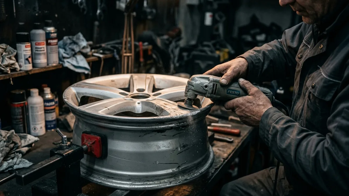 Person attempting DIY alloy wheel repair at home