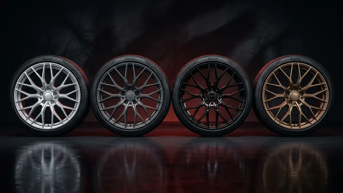 Four alloy wheels displayed side by side in silver, anthracite, gloss black and bronze finishes against a dark studio background with red accent lighting