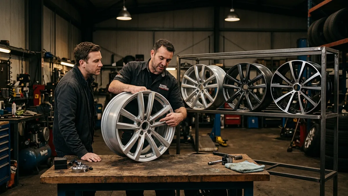 Wheel refurbishment specialist discussing finish options with a customer in a professional Glasgow workshop