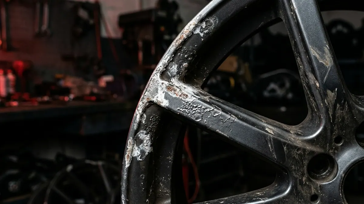 Close-up of severe corrosion on an anthracite alloy wheel rim showing white milky patches and bubbling lacquer in a professional workshop