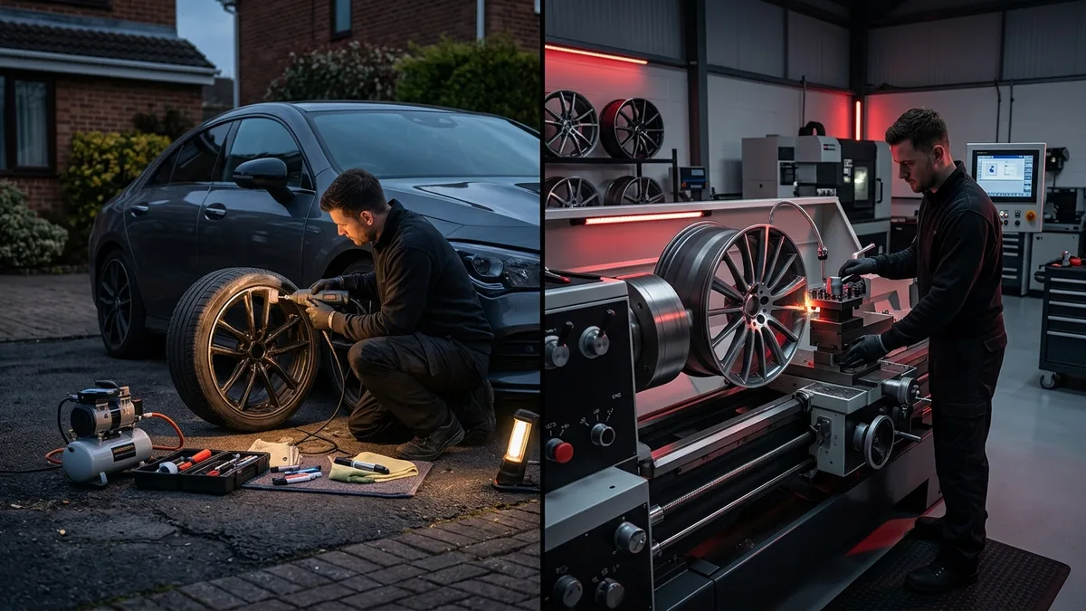 Comparison of mobile alloy wheel repair on a driveway versus a professional workshop with a diamond cutting lathe