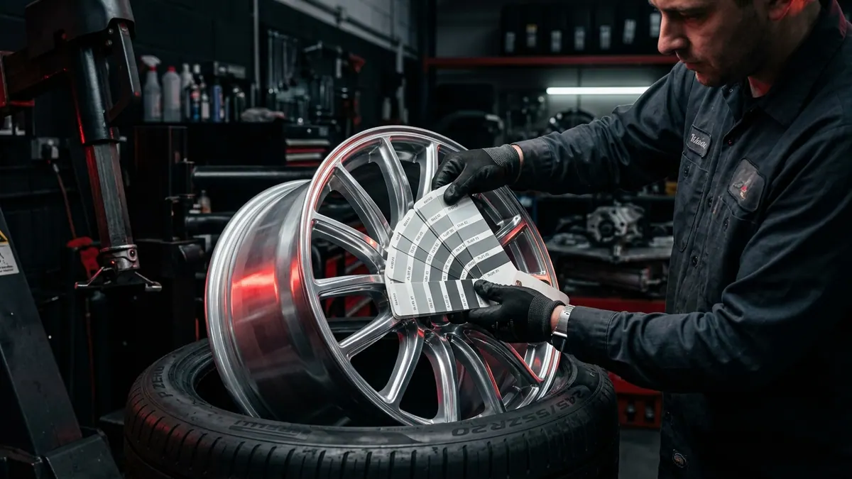 Technician comparing a silver metallic paint swatch card against a polished alloy wheel in a dark professional wheel refurbishment workshop
