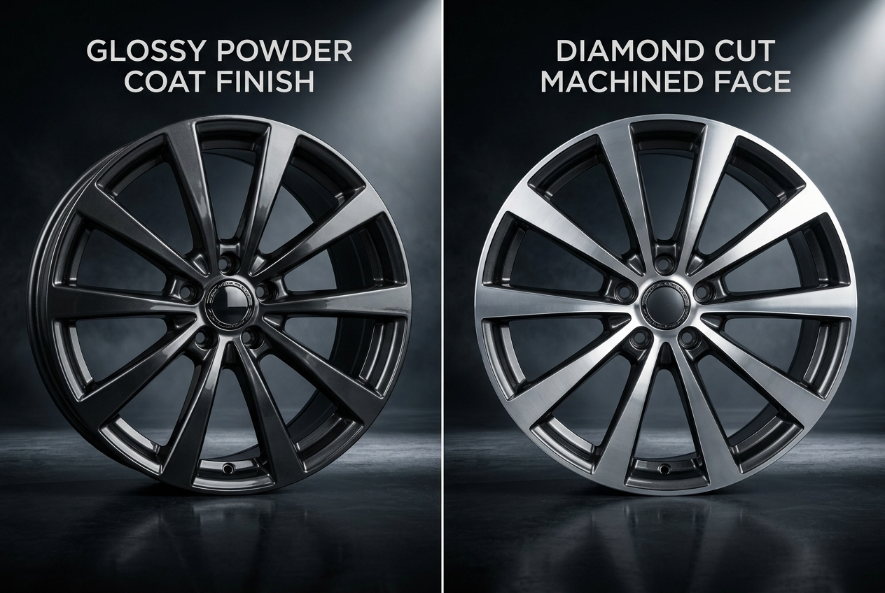 Side by side comparison of powder coated and diamond cut alloy wheel finishes