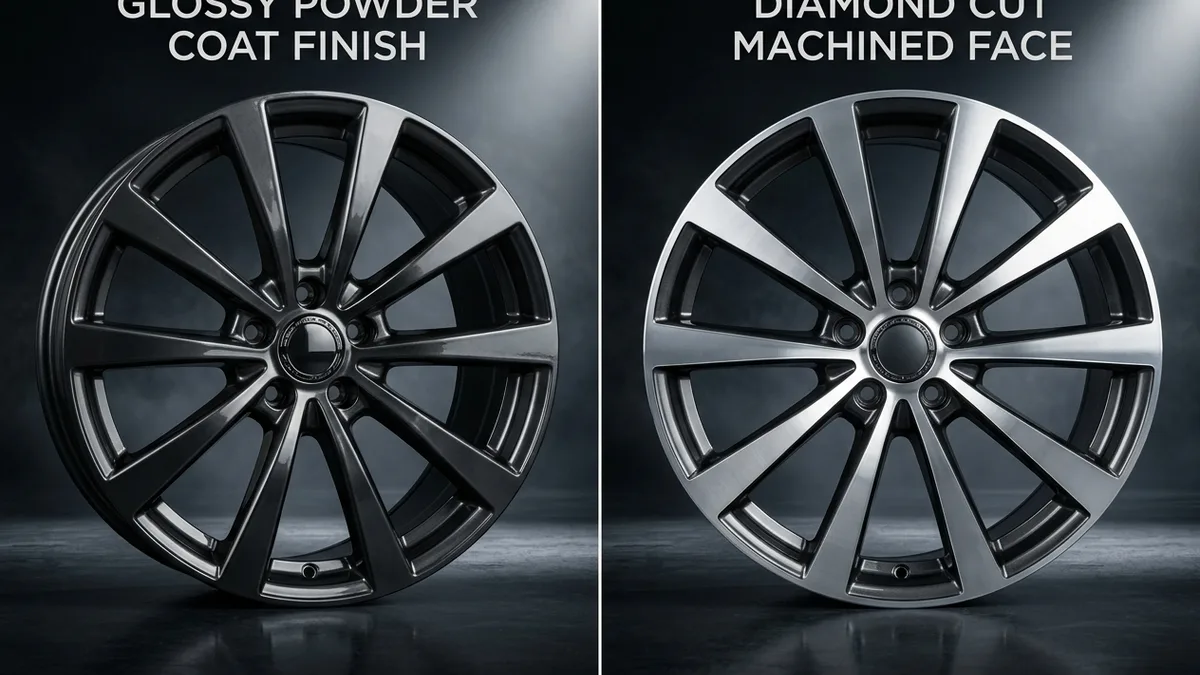 Side by side comparison of powder coated and diamond cut alloy wheel finishes