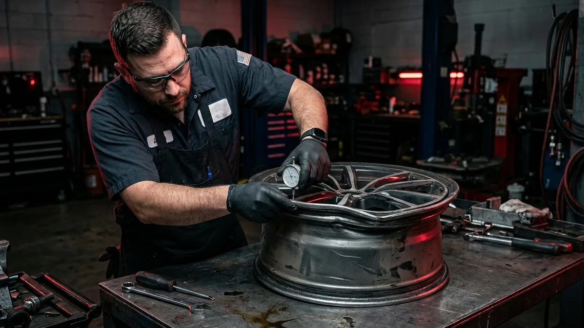 Technician inspecting a buckled alloy wheel in a professional workshop