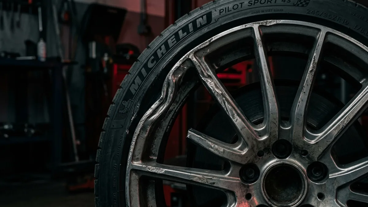 Close-up of a damaged alloy wheel showing a buckle on the rim edge caused by pothole impact