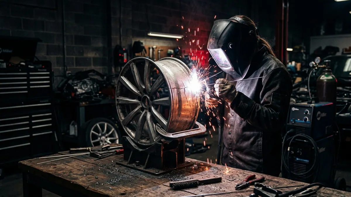 Technician TIG welding a cracked alloy wheel in a dark professional workshop with welding sparks illuminating the scene