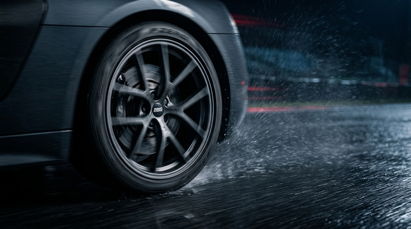 Blurred motion shot of a car alloy wheel at speed showing vibration blur effect, dark background with red accent lighting