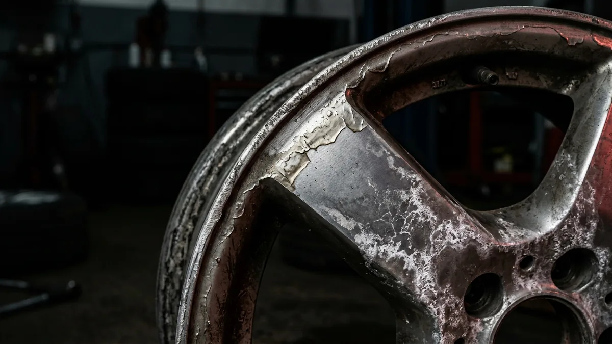 Close-up of an alloy wheel with lacquer peeling and white oxidation corrosion spreading beneath the clear coat at the rim edge