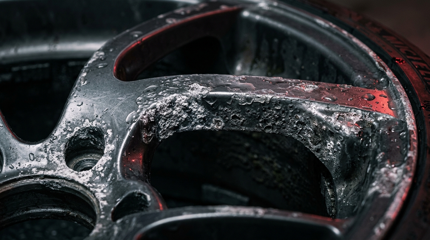 Close-up of a corroded alloy wheel rim showing white oxidation, bubbling lacquer and pitting around the rim edge