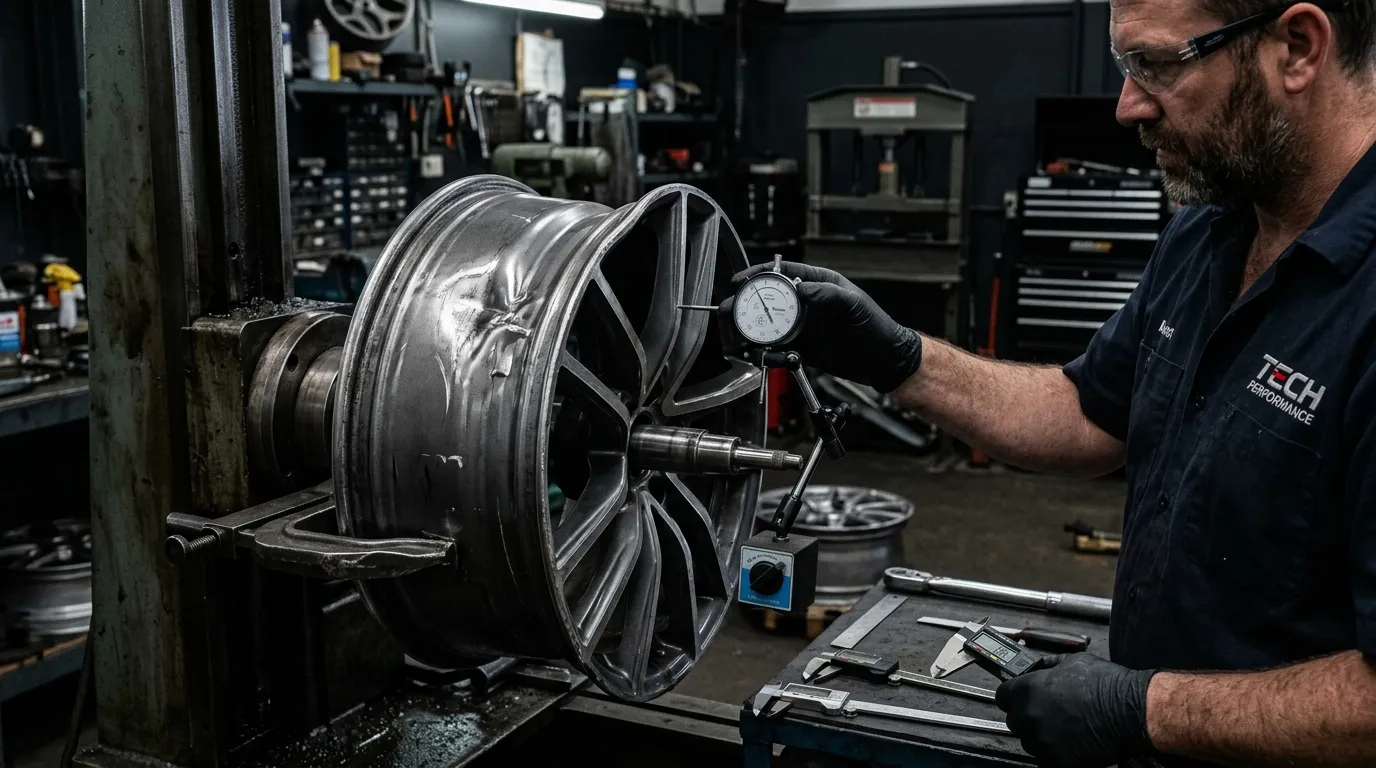 Buckled alloy wheel measured with precision tools