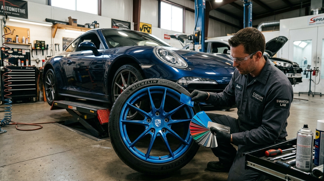 Colour matching alloy wheels with paint swatches in a workshop