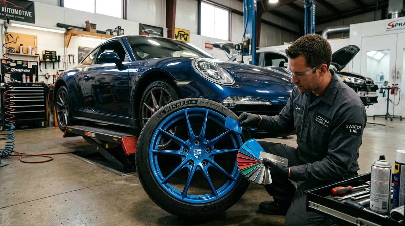 Colour matching alloy wheels with paint swatches in a workshop