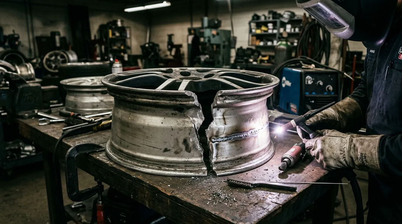 Close-up of a cracked alloy wheel being assessed in a workshop