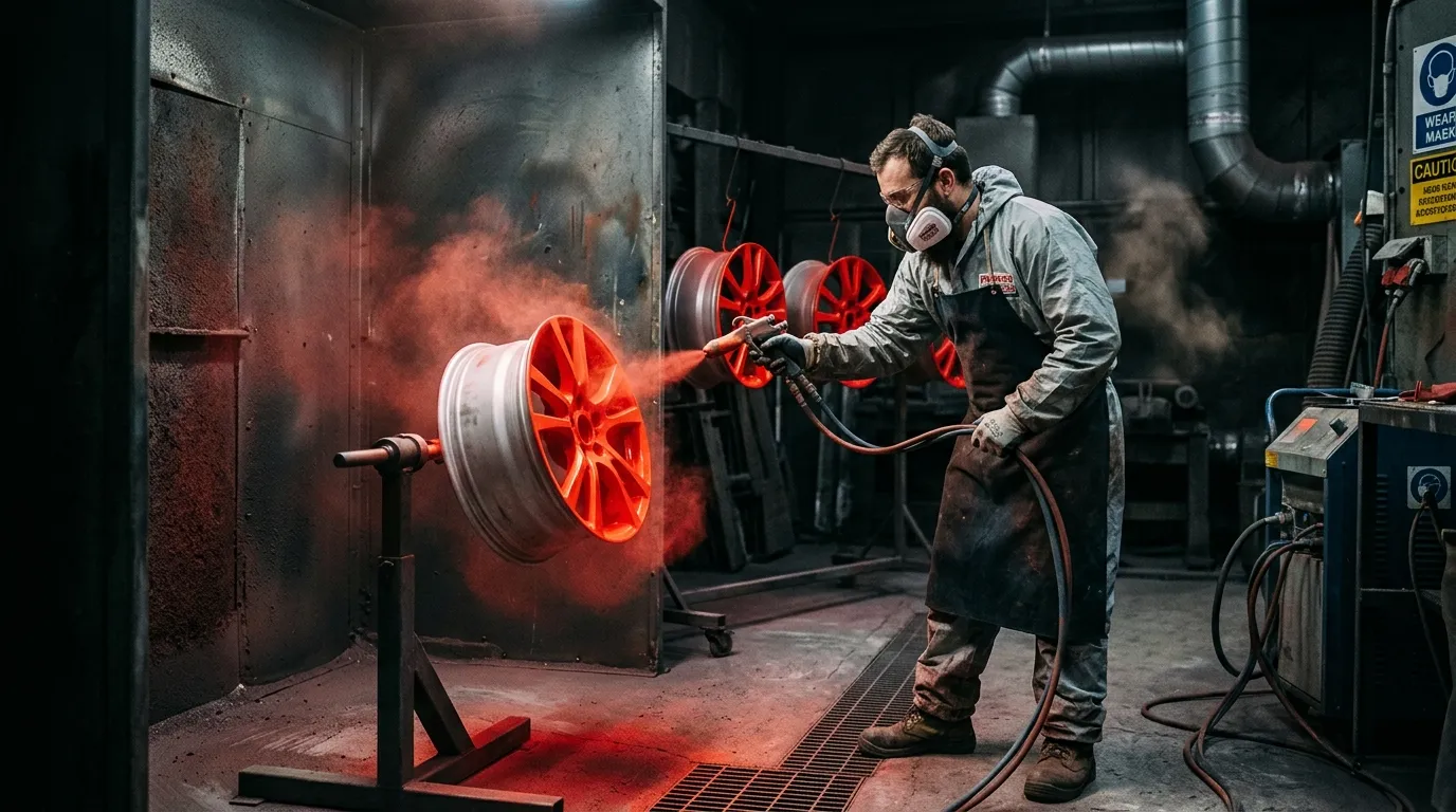 Powder coating alloy wheels in a professional spray booth