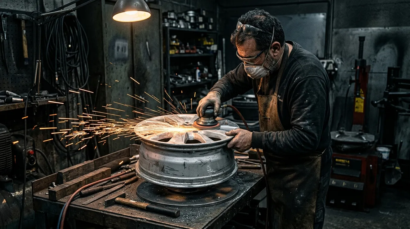 Technician refurbishing an alloy wheel in a Glasgow workshop