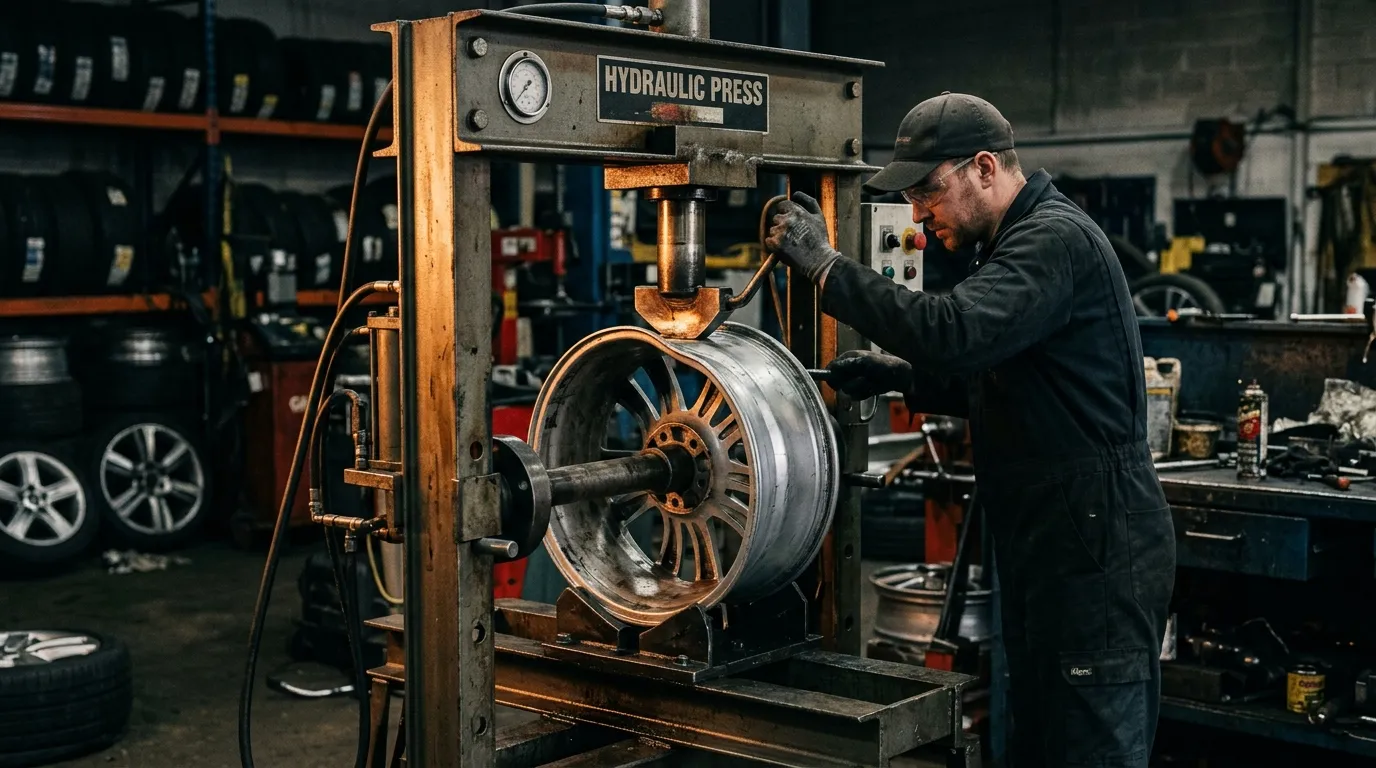 Alloy wheel straightening press in an automotive workshop