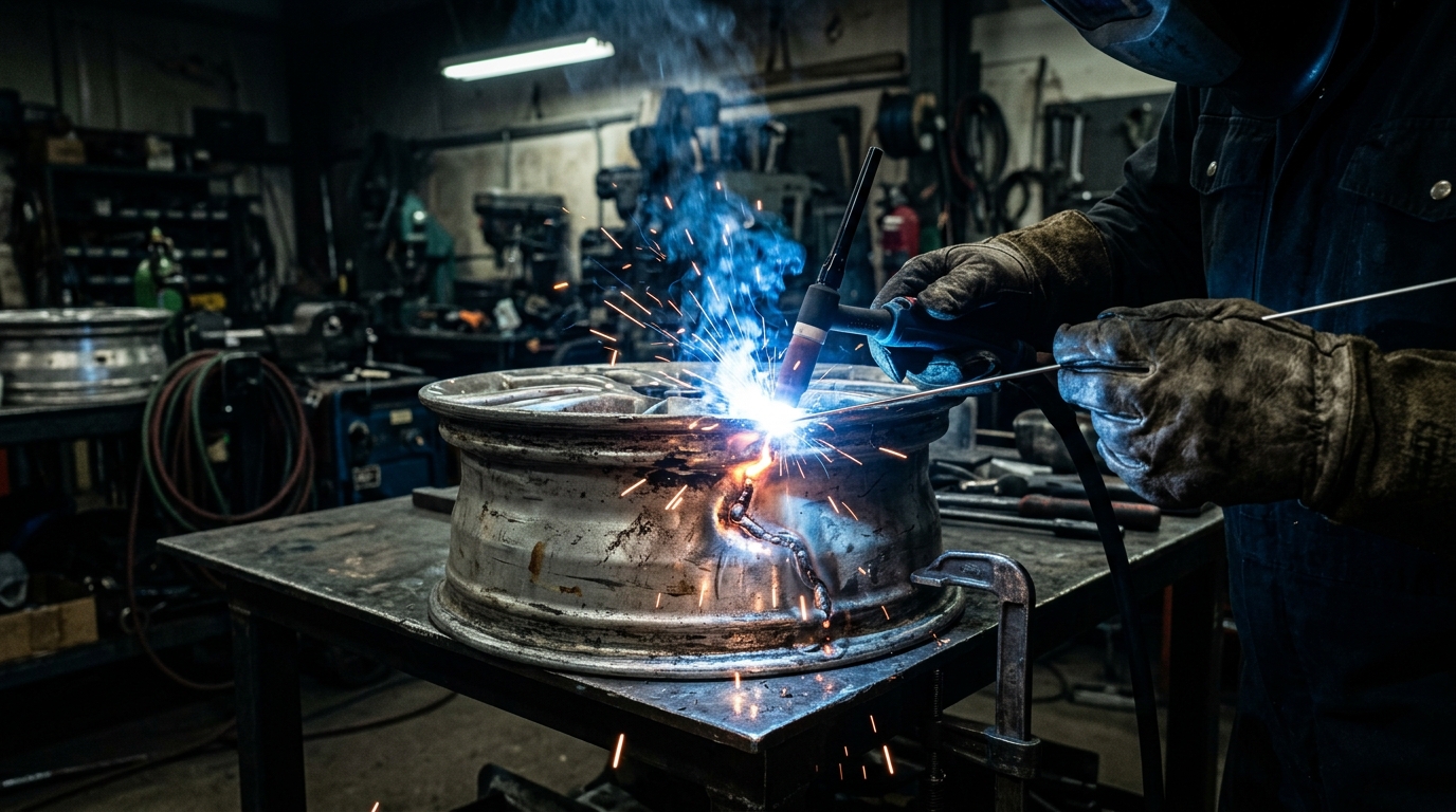 TIG welding a cracked alloy wheel with blue arc and sparks
