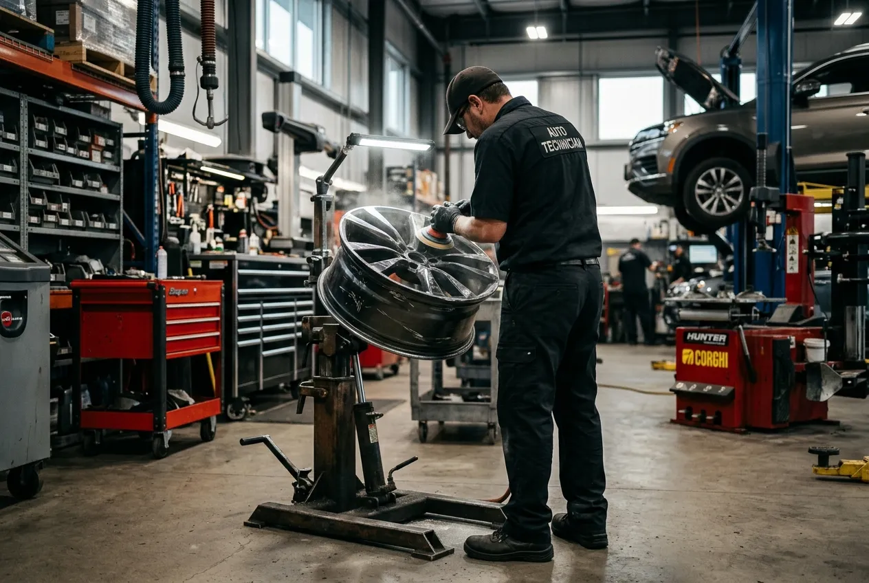 Wheel Fusion workshop — alloy wheel repair in progress, Glasgow